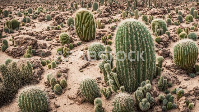 النباتات الشوكية البرية في المحميات الطبيعية، مجموعة من نبات الصبار الشوكي في المناطق الصحراوية، نمو الشوكيات والأعشاب في براري المملكة العربية السعودية