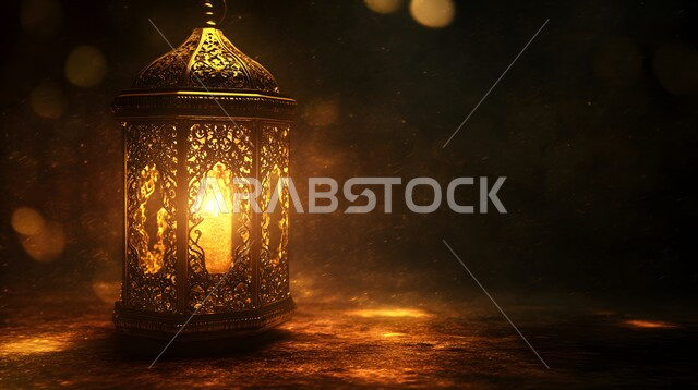 تصاميم و ومجسمات بزخارف دينية اسلامية، تحضير الديكورات والزينة لاستقبال رمضان المبارك، الابتهاج بالأجواء الرمضانية الروحانية، مصابيح و فوانيس عربية شعبية قديمة، الاحتفال بقدوم شهر الخير والبركة، فانوس معدني منقوش مضيء في وقت الليل