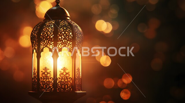 تصاميم و ومجسمات بزخارف دينية اسلامية، تحضير الديكورات والزينة لاستقبال رمضان المبارك، الابتهاج بالأجواء الرمضانية الروحانية، مصابيح و فوانيس عربية شعبية قديمة، الاحتفال بقدوم شهر الخير والبركة، فانوس معدني منقوش مضيء في وقت الليل