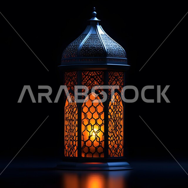 Designs and models with Islamic religious decorations, preparing decorations and ornaments to welcome the blessed month of Ramadan, rejoicing in the spiritual atmosphere of Ramadan, old popular Arabic lamps and lanterns, celebrating the arrival of the month of goodness and blessings, a metal lantern engraved and illuminated at night