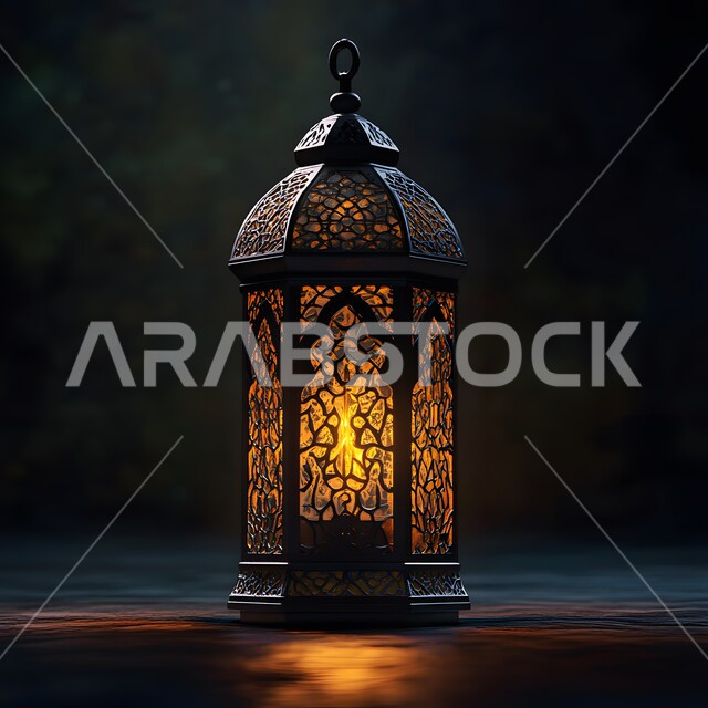 تحضير الديكورات والزينة لاستقبال رمضان المبارك، الابتهاج بالأجواء الرمضانية الروحانية، مصابيح و فوانيس عربية شعبية قديمة، الاحتفال بقدوم شهر الخير والبركة، فانوس معدني منقوش مضيء في وقت الليل،  تصاميم و ومجسمات بزخارف دينية اسلامية