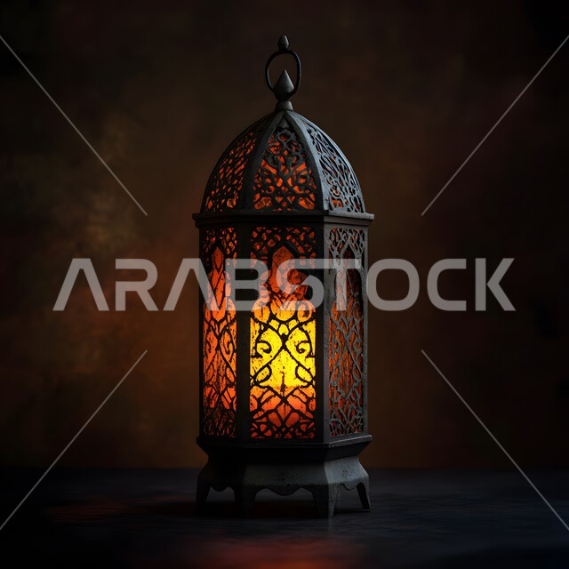 تحضير الديكورات والزينة لاستقبال رمضان المبارك، الابتهاج بالأجواء الرمضانية الروحانية، مصابيح و فوانيس عربية شعبية قديمة، الاحتفال بقدوم شهر الخير والبركة، فانوس معدني منقوش مضيء في وقت الليل،  تصاميم و ومجسمات بزخارف دينية اسلامية