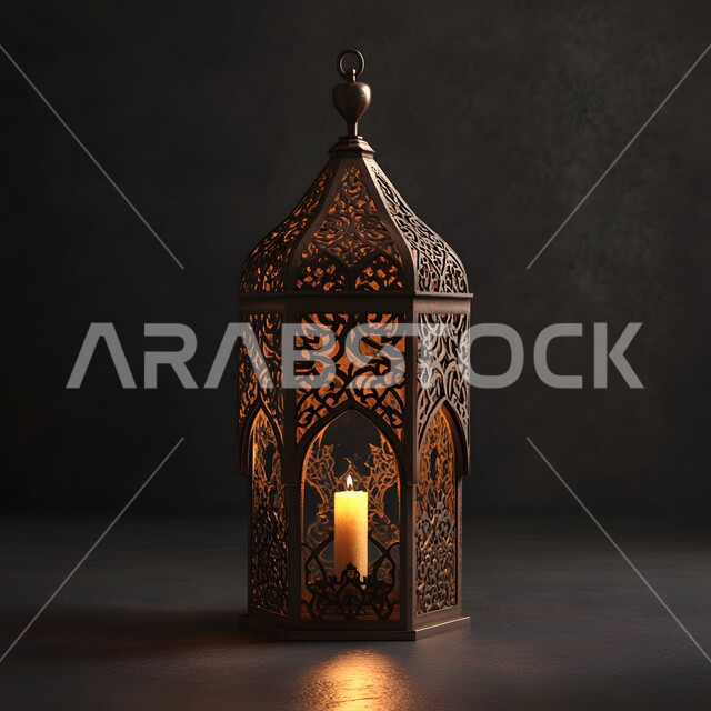 تحضير الديكورات والزينة لاستقبال رمضان المبارك، الابتهاج بالأجواء الرمضانية الروحانية، مصابيح و فوانيس عربية شعبية قديمة، الاحتفال بقدوم شهر الخير والبركة، فانوس معدني منقوش مضيء في وقت الليل،  تصاميم و ومجسمات بزخارف دينية اسلامية