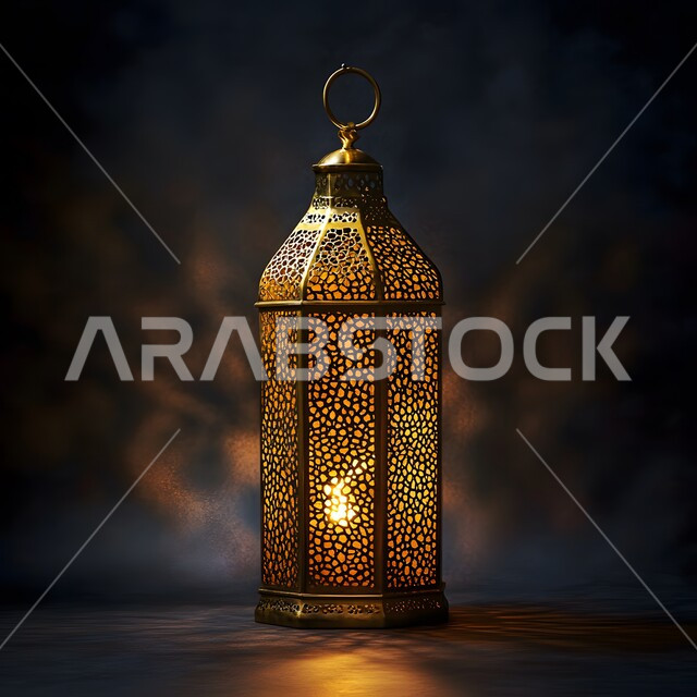 تحضير الديكورات والزينة لاستقبال رمضان المبارك، الابتهاج بالأجواء الرمضانية الروحانية، مصابيح و فوانيس عربية شعبية قديمة، الاحتفال بقدوم شهر الخير والبركة، فانوس معدني منقوش مضيء في وقت الليل،  تصاميم و ومجسمات بزخارف دينية اسلامية