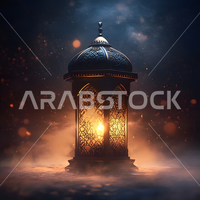 الابتهاج بالأجواء الرمضانية الروحانية، مصابيح و فوانيس عربية شعبية قديمة، الاحتفال بقدوم شهر الخير والبركة، فانوس معدني منقوش مضيء في وقت الليل،  الديكورات والزينة لاستقبال رمضان المبارك، تصاميم و ومجسمات بزخارف دينية اسلامية