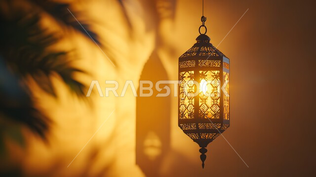 مصباح معدني معلق و مضيء في وقت الليل، مجسمات وتصاميم بزخارف دينية اسلامية، تحضير الديكورات والزينة لاستقبال رمضان المبارك، الابتهاج بالأجواء الرمضانية الروحانية، مصابيح و فوانيس عربية شعبية بنقوش قديمة، الاحتفال بقدوم شهر الخير والبركة