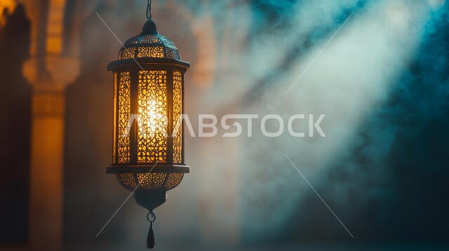 مصباح معدني معلق و مضيء في وقت الليل، مجسمات وتصاميم بزخارف دينية اسلامية، تحضير الديكورات والزينة لاستقبال رمضان المبارك، الابتهاج بالأجواء الرمضانية الروحانية، مصابيح و فوانيس عربية شعبية بنقوش قديمة، الاحتفال بقدوم شهر الخير والبركة