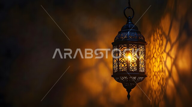  مجسمات وتصاميم بزخارف دينية اسلامية، تحضير الديكورات والزينة لاستقبال رمضان المبارك، الابتهاج بالأجواء الرمضانية الروحانية، مصابيح و فوانيس عربية شعبية بنقوش قديمة، الاحتفال بقدوم شهر الخير والبركة، مصباح معدني معلق و مضيء في وقت الليل