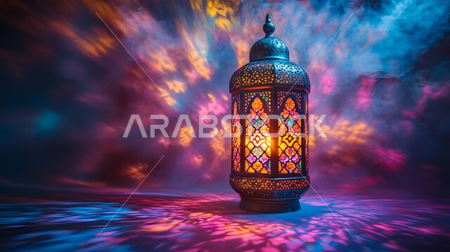  مصابيح و فوانيس عربية شعبية قديمة، الاحتفال بقدوم شهر الخير والبركة، فانوس معدني منقوش مضيء في وقت الليل، الابتهاج بالأجواء الرمضانية الروحانية، الديكورات والزينة لاستقبال رمضان المبارك، تصاميم و ومجسمات بزخارف دينية اسلامية