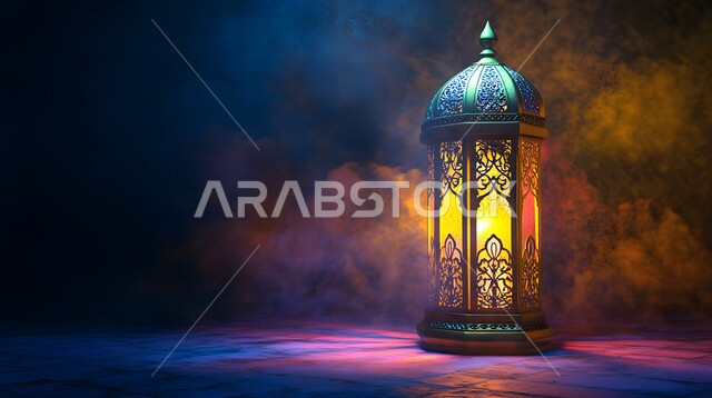 Old popular Arabic lamps and lanterns, celebrating the arrival of the month of goodness and blessings, a carved metal lantern illuminated at night, rejoicing in the spiritual Ramadan atmosphere, decorations and ornaments to welcome the blessed Ramadan, designs and models with Islamic religious decorations