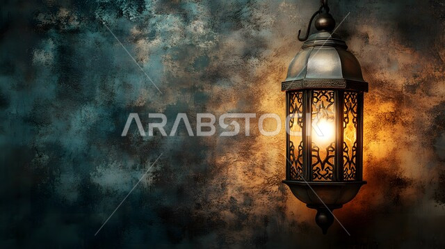 مصباح معدني معلق و مضيء في وقت الليل، مجسمات وتصاميم بزخارف دينية اسلامية، تحضير الديكورات والزينة لاستقبال رمضان المبارك، الابتهاج بالأجواء الرمضانية الروحانية، مصابيح و فوانيس عربية شعبية بنقوش قديمة، الاحتفال بقدوم شهر الخير والبركة