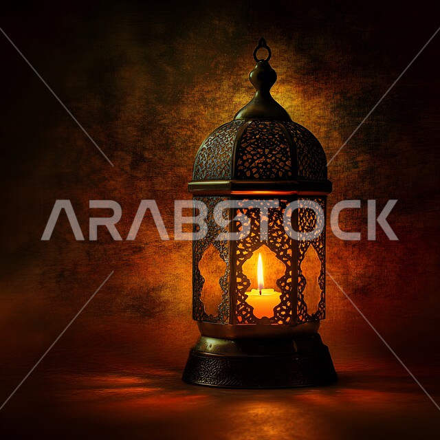 Celebrating the arrival of the month of goodness and blessings, a carved metal lantern illuminated at night, rejoicing in the spiritual atmosphere of Ramadan, old Arabic lamps and lanterns, decorations and ornaments to welcome the blessed Ramadan, designs and models with Islamic religious decorations