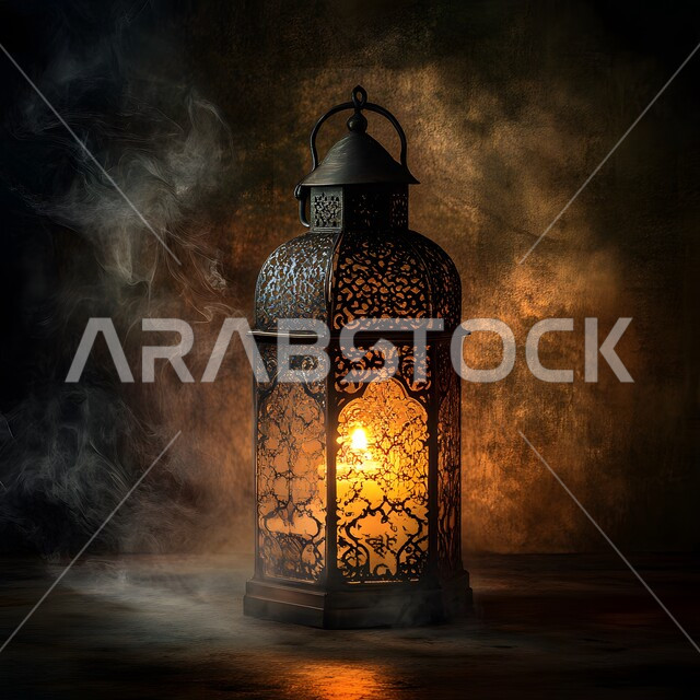 الاحتفال بقدوم شهر الخير والبركة، فانوس معدني منقوش مضيء في وقت الليل، الابتهاج بالأجواء الرمضانية الروحانية، مصابيح و فوانيس عربية قديمة، الديكورات والزينة لاستقبال رمضان المبارك، تصاميم و ومجسمات بزخارف دينية اسلامية
