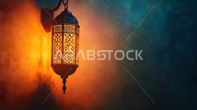 مصباح معدني معلق و مضيء في وقت الليل، مجسمات وتصاميم بزخارف دينية اسلامية، تحضير الديكورات والزينة لاستقبال رمضان المبارك، الابتهاج بالأجواء الرمضانية الروحانية، مصابيح و فوانيس عربية شعبية بنقوش قديمة، الاحتفال بقدوم شهر الخير والبركة