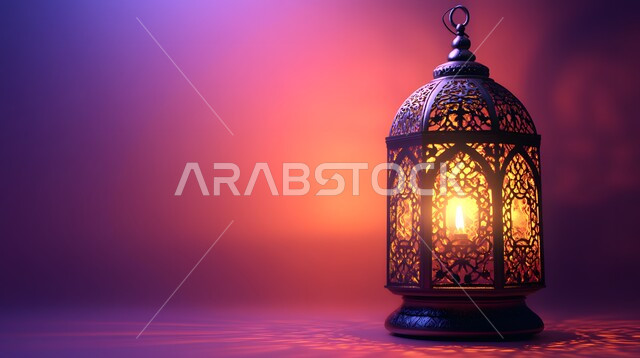 فانوس معدني منقوش مضيء في وقت الليل، الاحتفال بقدوم شهر الخير والبركة، الابتهاج بالأجواء الرمضانية الروحانية، مصابيح و فوانيس عربية قديمة، الديكورات والزينة لاستقبال رمضان المبارك، تصاميم و ومجسمات بزخارف دينية اسلامية