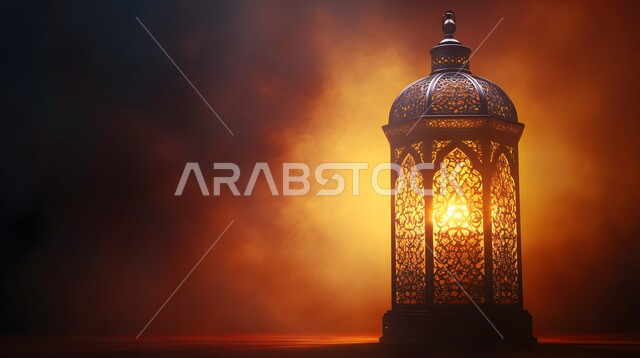 فانوس معدني منقوش مضيء في وقت الليل، الاحتفال بقدوم شهر الخير والبركة، الابتهاج بالأجواء الرمضانية الروحانية، مصابيح و فوانيس عربية قديمة، الديكورات والزينة لاستقبال رمضان المبارك، تصاميم و ومجسمات بزخارف دينية اسلامية
