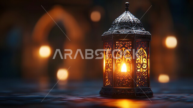 Engraved metal lantern illuminated at night, celebrating the arrival of the month of goodness and blessings, rejoicing in the spiritual atmosphere of Ramadan, old Arabic lamps and lanterns, decorations and ornaments to welcome the blessed Ramadan, designs and models with Islamic religious decorations