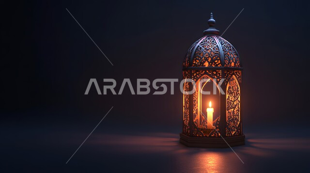 فانوس معدني منقوش مضيء في وقت الليل، الاحتفال بقدوم شهر الخير والبركة، الابتهاج بالأجواء الرمضانية الروحانية، مصابيح و فوانيس عربية قديمة، الديكورات والزينة لاستقبال رمضان المبارك، تصاميم و ومجسمات بزخارف دينية اسلامية