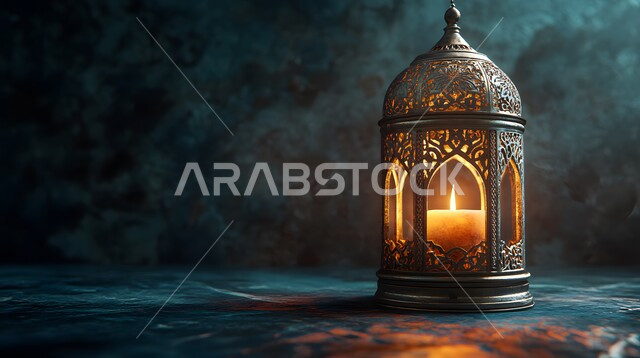 فانوس معدني منقوش مضيء في وقت الليل، الاحتفال بقدوم شهر الخير والبركة، الابتهاج بالأجواء الرمضانية الروحانية، مصابيح و فوانيس عربية قديمة، الديكورات والزينة لاستقبال رمضان المبارك، تصاميم و ومجسمات بزخارف دينية اسلامية