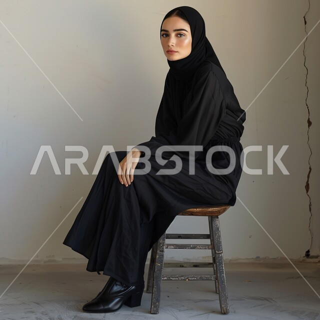 الاهتمام بالمظهر الخارجي، مفهوم الأنوثة والأناقة والشياكة والنعومة، أزياء محجبات عصرية حديثة، بورتريه مقرب لامرأة عربيه خليجيه سعودية محجبه ترتدي الحجاب والعباءة تنظر الى الكاميرا بإيماءات الثقه بالنفس، خلفية رمادية