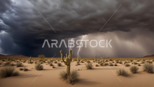 عاصفة من الرياح تضرب الصحراء، الزوابع الغبارية القوية، الظواهر والكوارث الطبيعية، الجو العاصف الهائج المحمل بالغبار والأتربة في صحاري السعودية،  نمو النباتات والشوكيات البرية في الأراضي الصحراوية، منظر السماء الممتلئة بالغيوم الداكنة، الطبيعة الرملية والجبلية للمملكة
