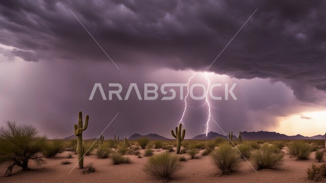 A windstorm hits the desert, strong dust storms, natural phenomena and disasters, the stormy, raging atmosphere laden with dust and dirt in the deserts of Saudi Arabia, the growth of wild plants and thorns in the desert lands, a view of the sky filled with dark clouds, the sandy and mountainous nature of the Kingdom