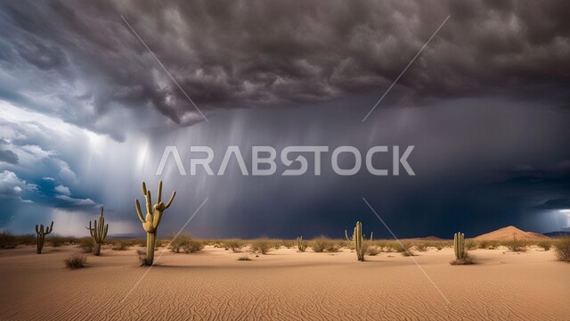 عاصفة من الرياح تضرب الصحراء، الزوابع الغبارية القوية، الظواهر والكوارث الطبيعية، الجو العاصف الهائج المحمل بالغبار والأتربة في صحاري السعودية،  نمو النباتات والشوكيات البرية في الأراضي الصحراوية، منظر السماء الممتلئة بالغيوم الداكنة، الطبيعة الرملية والجبلية للمملكة