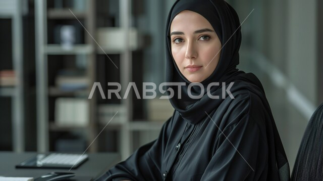 الاهتمام بالمظهر الخارجي، مفهوم الأنوثة والأناقة والشياكة والنعومة، أزياء محجبات عصرية حديثة، صورة مقربة لامرأة عربيه خليجيه سعودية محجبه ترتدي الحجاب والعباءة تجلس على الكرسي تنظر الى الكاميرا بإيماءات الثقه بالنفس، خلفية رمادية