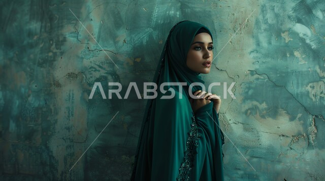  أزياء محجبات عصرية حديثة، صورة مقربة لامرأة عربيه خليجيه سعودية محجبه ترتدي الحجاب والعباءة تنظر الى مكان ما بإيماءات الثقه بالنفس، الاهتمام بالمظهر الخارجي، مفهوم الأنوثة والأناقة والشياكة والنعومة
