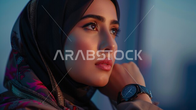 The concept of femininity, elegance, chicness and softness, modern, contemporary veiled fashion, a close-up image of a veiled Saudi Arabian Gulf woman wearing the hijab and abaya, looking somewhere with gestures of self-confidence, interest in outward appearance