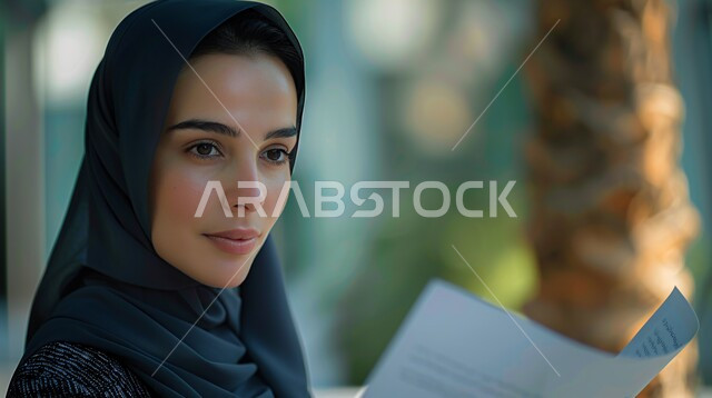  الأنوثة والأناقة والشياكة والنعومة، أزياء محجبات عصرية حديثة، صورة مقربة لامرأة عربيه خليجيه سعودية محجبه ترتدي الحجاب والعباءة تنظر الى مكان ما بإيماءات الثقه بالنفس تحمل بيدها ورقة بيضاء، الاهتمام بالمظهر الخارجي