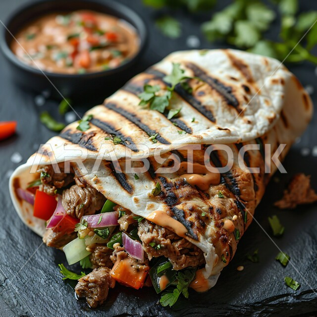 فنون التقديم في مطاعم وطابخ المملكة العربية السعودية، وصفات وأطعمة متميزة، وجبات الطعام السريعة الشهية، المأكولات العربية الشرقية، صورة مقربة لطبق لفائف لحم البقر المشوي مع الخضراوات