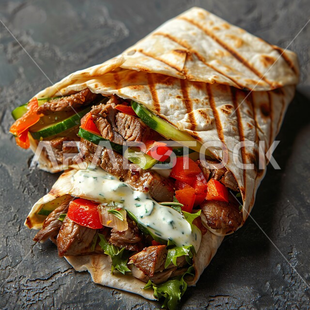 فنون التقديم في مطاعم وطابخ المملكة العربية السعودية، وصفات وأطعمة متميزة، وجبات الطعام السريعة الشهية، المأكولات العربية الشرقية، صورة مقربة لطبق لفائف لحم البقر المشوي مع الخضراوات