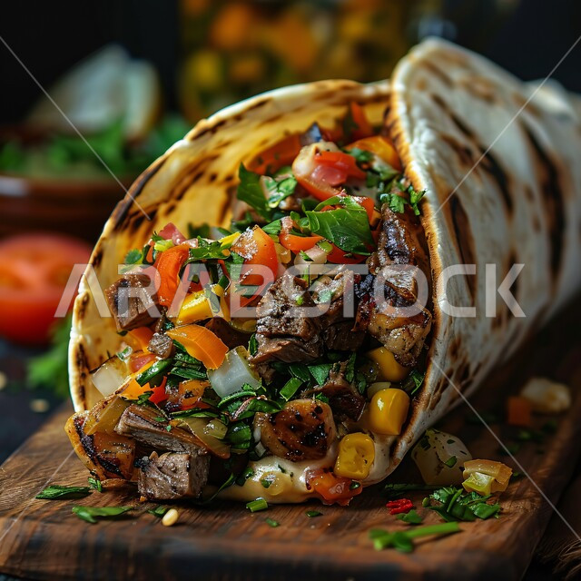 فنون التقديم في مطاعم وطابخ المملكة العربية السعودية، وصفات وأطعمة متميزة، وجبات الطعام السريعة الشهية، المأكولات العربية الشرقية، صورة مقربة لطبق لفائف لحم البقر المشوي مع الخضراوات