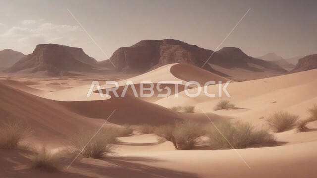 نبات الصبار الشوكي على الرمال الذهبية الناعمة في المناطق الصحراوية، نمو الشوكيات والأعشاب في براري المملكة العربية السعودية، النباتات والمزروعات البرية في المحميات الطبيعية، الكثبان والمرتفعات الرملية في الصحراء