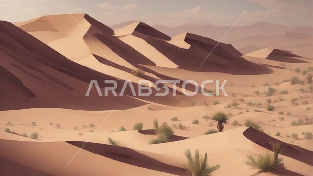 نبات الصبار الشوكي على الرمال الذهبية الناعمة في المناطق الصحراوية، نمو الشوكيات والأعشاب في براري المملكة العربية السعودية، النباتات والمزروعات البرية في المحميات الطبيعية، الكثبان والمرتفعات الرملية في الصحراء