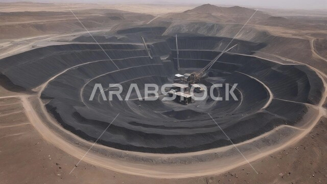 الطبيعة الصخرية وتضاريس السلاسل الجبلية، مناجم الفحم الطبيعي العربية، مناطق التنقيب عن الثروات الباطنية، المرتفعات وقمم الجبال في المملكة العربية السعودية، سيارة شحن كبيرة تقوم بالعمل في موقع التعدين