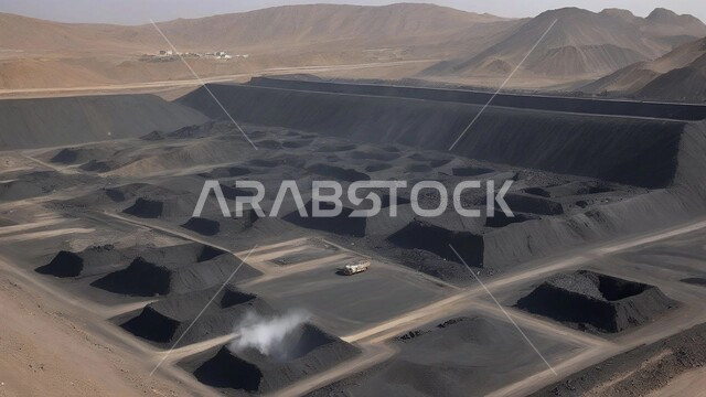 مناجم الفحم الطبيعي العربية، مناطق التنقيب عن الثروات الباطنية، الطبيعة الصخرية وتضاريس السلاسل الجبلية، المرتفعات وقمم الجبال في المملكة العربية السعودية، سيارة شحن كبيرة تقوم بالعمل في موقع التعدين