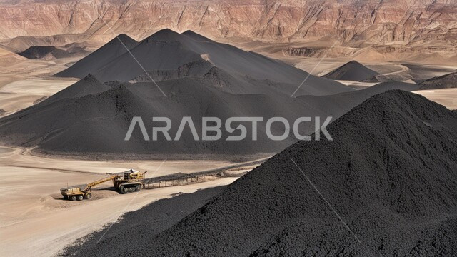 مناجم الفحم الطبيعي العربية، مناطق التنقيب عن الثروات الباطنية، الطبيعة الصخرية وتضاريس السلاسل الجبلية، المرتفعات وقمم الجبال في المملكة العربية السعودية، سيارة شحن كبيرة تقوم بالعمل في موقع التعدين