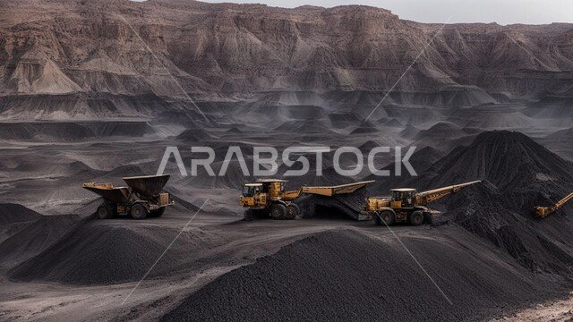 مناجم الفحم الطبيعي العربية، مناطق التنقيب عن الثروات الباطنية، الطبيعة الصخرية وتضاريس السلاسل الجبلية، المرتفعات وقمم الجبال في المملكة العربية السعودية، سيارة شحن كبيرة تقوم بالعمل في موقع التعدين