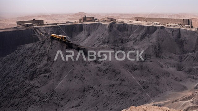 مناجم الفحم الطبيعي العربية، مناطق التنقيب عن الثروات الباطنية، الطبيعة الصخرية وتضاريس السلاسل الجبلية، المرتفعات وقمم الجبال في المملكة العربية السعودية، سيارة شحن كبيرة تقوم بالعمل في موقع التعدين