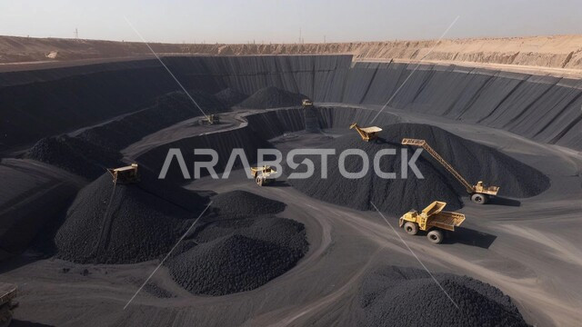 Arab natural coal mines, exploration areas for underground resources, rocky nature and topography of mountain ranges, highlands and mountain peaks in the Kingdom of Saudi Arabia, a large freight truck working at the mining site