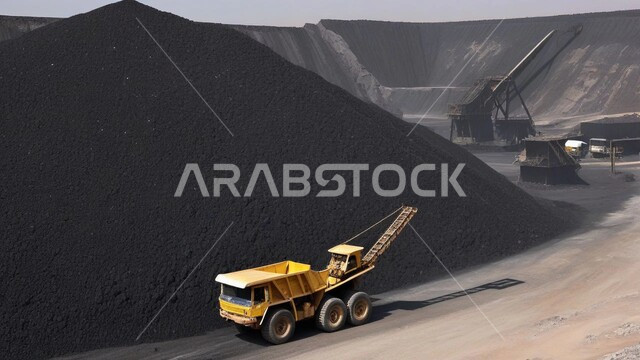Arab natural coal mines, exploration areas for underground resources, rocky nature and topography of mountain ranges, highlands and mountain peaks in the Kingdom of Saudi Arabia, a large freight truck working at the mining site