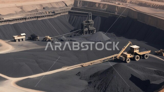 مناجم الفحم الطبيعي العربية، مناطق التنقيب عن الثروات الباطنية، الطبيعة الصخرية وتضاريس السلاسل الجبلية، المرتفعات وقمم الجبال في المملكة العربية السعودية، سيارة شحن كبيرة تقوم بالعمل في موقع التعدين