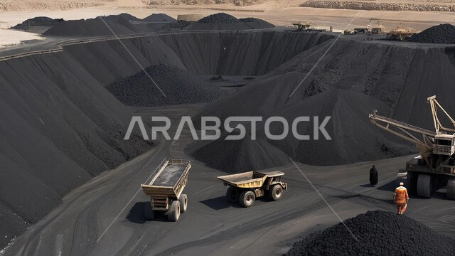 The rocky nature and topography of the mountain ranges, the highlands and mountain peaks in the Kingdom of Saudi Arabia, the Arab natural coal mines, the exploration areas for underground resources, a large freight truck working at the mining site