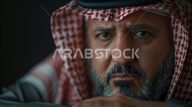 Looking at camera with expressions of sadness, loneliness and anxiety, getting depressed because of something, close up portrait of elderly Saudi Arabian Gulf man wearing traditional thobe and shemagh, folded in on himself with gestures of frustration, black background