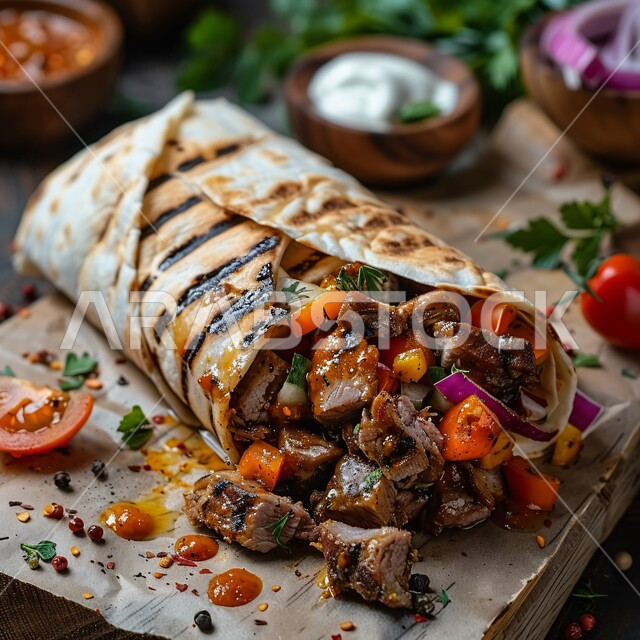 فنون التقديم في مطاعم وطابخ المملكة العربية السعودية، وصفات وأطعمة متميزة، وجبات الطعام السريعة الشهية، المأكولات العربية الشرقية، صورة مقربة لطبق لفائف لحم البقر المشوي مع الخضراوات