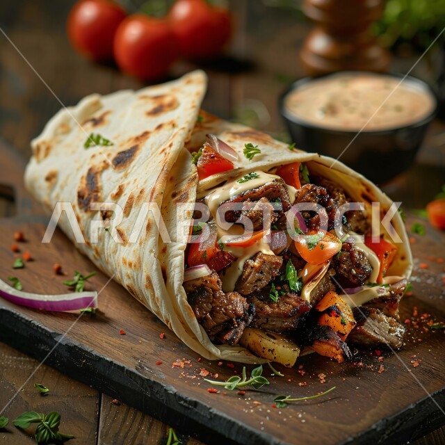 وصفات وأطعمة متميزة، فنون التقديم في مطاعم وطابخ المملكة العربية السعودية، وجبات الطعام السريعة الشهية، المأكولات العربية الشرقية، صورة مقربة لطبق لفائف لحم البقر المشوي مع الخضراوات