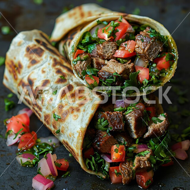 Distinctive recipes and foods, the art of presentation in restaurants and cooks in the Kingdom of Saudi Arabia, delicious fast food meals, oriental Arabic cuisine, a close-up of a plate of grilled beef rolls with vegetables