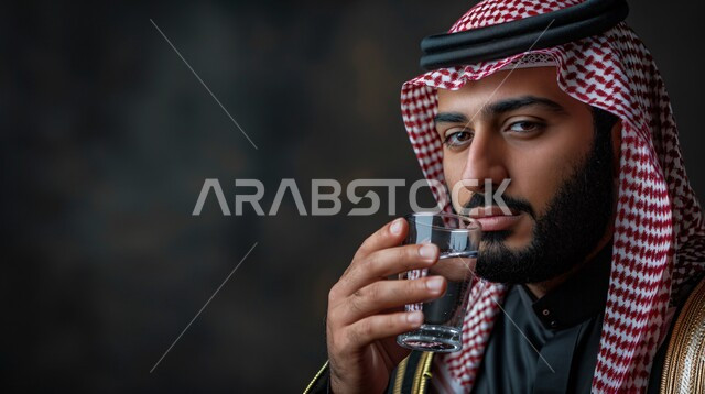 Concern for elegance and appearance, close-up portrait of a Saudi Arabian Gulf man wearing a traditional black keffiyeh and thobe holding a glass of water looking at the camera with gestures of seriousness and firmness, feeling self-confident, black background